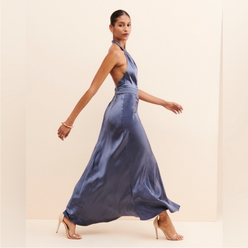 Keepsake the Label for Anthropologie Slate Blue Halter Formal Dress - Picture 2 of 13